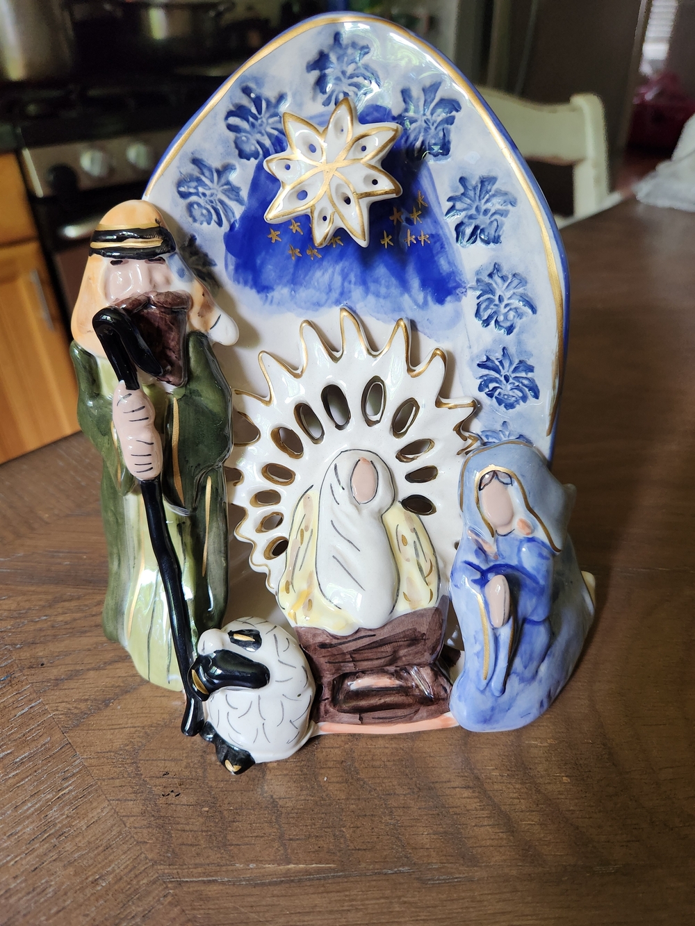 Blue and White Ceramic Nativity Figurine  Tealight Holder- Holiday Decor